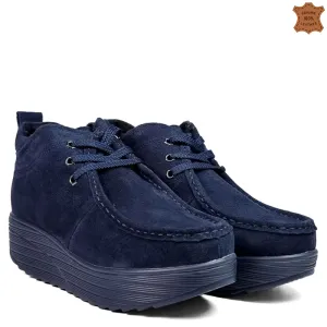 Дамски полуботи от син естествен велур на платформ... Дамски полуботи от син естествен велур на платформ...