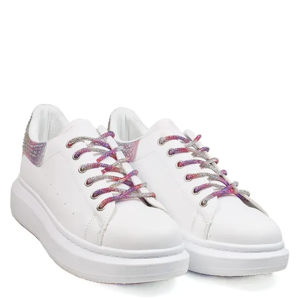 Бели дамски маратонки с ефектни връзки D2246-3 White/Pink