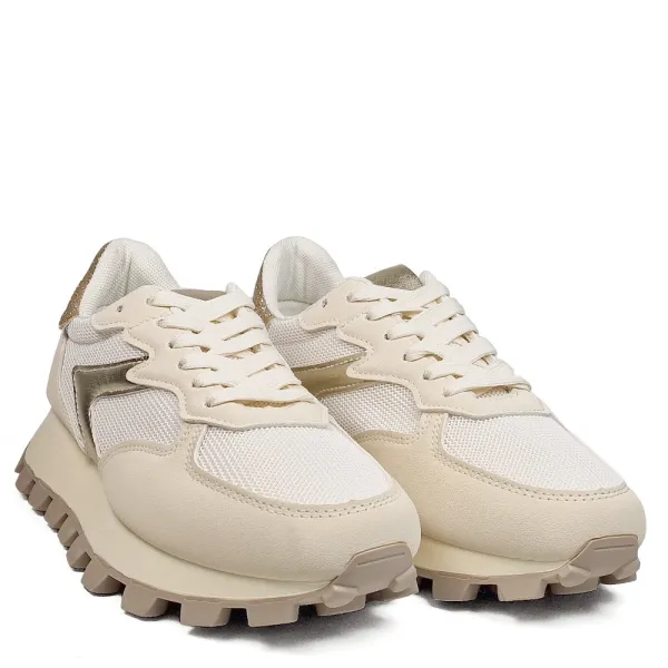 Бежови дамски маратонки от еко кожа и текстил D2318-3 Beige