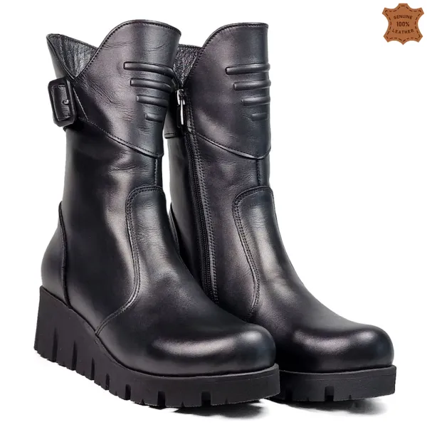 Черни дамски боти от естествена кожа с платформа 29304-1