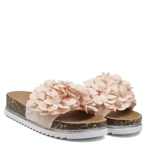 Равни дамски бежови ежедневни чехли с цветя K21406...